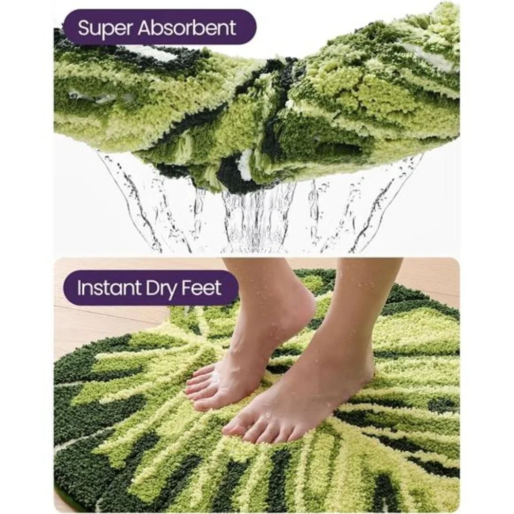 Leaf Bathroom Rug Green Monstera Bath Mat Soft Fluffy Non Slip Washable 24x32
